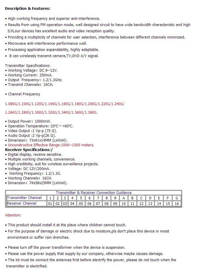 1.2GHz Wireless 16 Channel 1000mW AV Sender Video Transmitter & Receiver Kit A/V Audio Video Sender Transmitter
