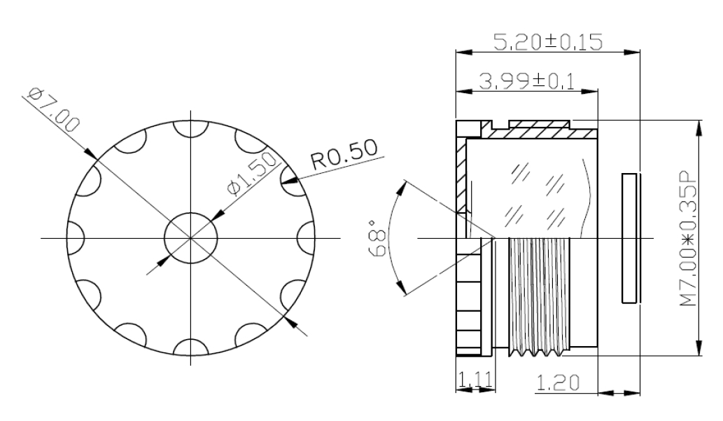 1/4" 3.8mm 2Megapixel M7X0.35 mount low-distortion lens, F2.8 68degree M7-mount lens