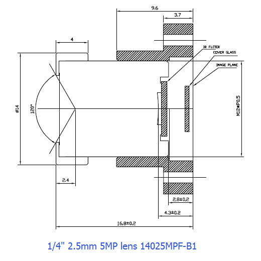 1/4” 2.5mm 5megapixel M12-mount wide-angle lens for 1/4" 5MP CCD/CMOS - Image 2